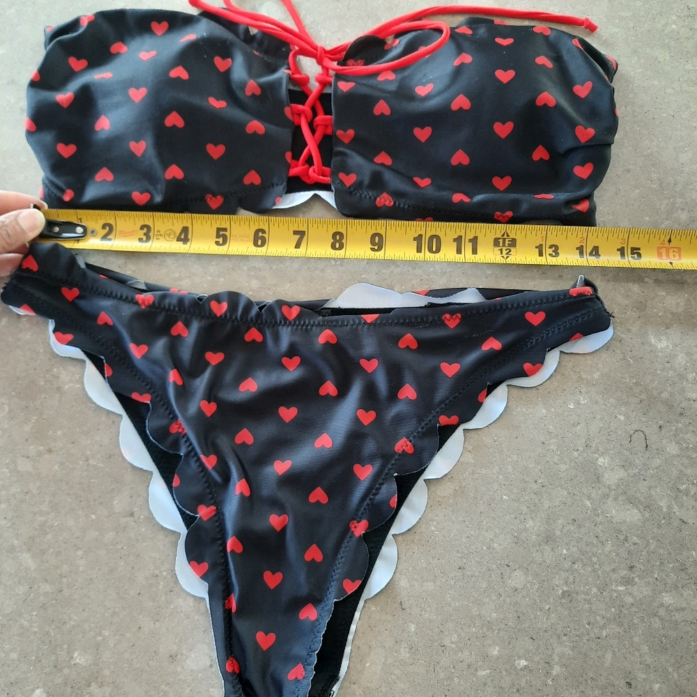 3pc Bikini Set & Mesh Skirt Swim Suit Red Hearts Black Womens Sz Large - Picture 6 of 16